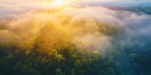 Poster - A beautiful, lush green amazon forest landscape at sunset, sunrise. Chopper view adventure. Graphics.