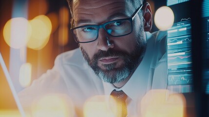 Poster - The concept of business data analytics and generative stock. A man is sitting with a laptop and working on a growing graph.