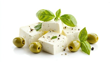 A cluster of feta cheese slices topped with green olives and basil leaves, isolated on a white background, showcasing vibrant colors and textures