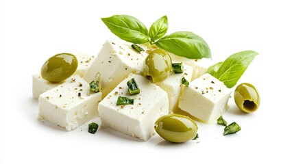 Wall Mural - A cluster of feta cheese slices topped with green olives and basil leaves, isolated on a white background, showcasing vibrant colors and textures