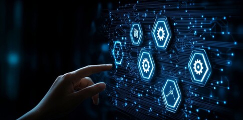Poster - Automate workflow and improve production efficiency. Robotic process automation and business process management. Stock, innovation, data analytics.