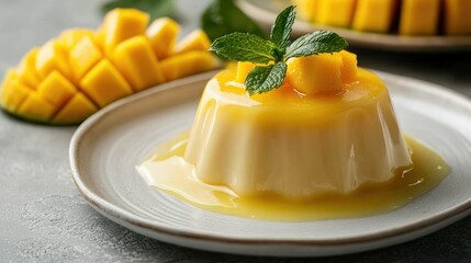 A creamy mango pudding with a smooth mango jelly topping, elegantly served on a white plate with fresh mango slices and a mint sprig, a refreshing dessert option