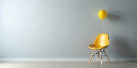 Minimalist chair with yellow balloon floating next to it, minimalist, chair, yellow, balloon, modern, stylish, interior