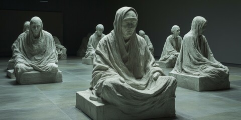 Stone statues sit on plinths in a gallery.