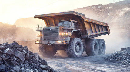 The heavy-duty dump truck travels along a rocky path, delivering coal from the depths of the mine to the surface amidst swirling dust