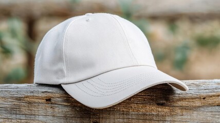 Plain baseball cap on a wooden fence, casual sports fashion mockup