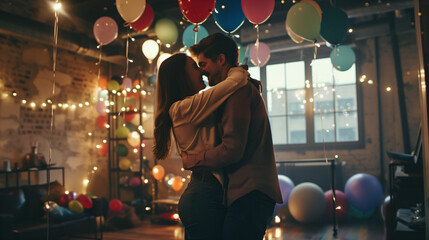 A couple shares a romantic moment amid colorful balloons and festive decorations in a cozy indoor setting during the evening