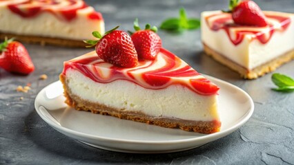 Wall Mural - Delicious slice of strawberry cheesecake with a perfect swirl of topping, strawberry, cheesecake, dessert, slice, sweet, bakery