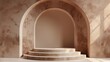 © Suphannika - Minimalist stone podium with arched niches, A minimalist stone podium set against a textured wall with arched niches, creating a serene and sophisticated architectural scene.