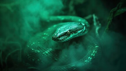 Sticker - Green wooden snake with emerald eyes on a dark background.