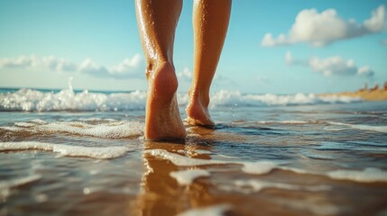 Front view of a young womanaes bare feet, stepping on the beach, close-up, sunny summer day, waves gently lapping, capturing a moment of peaceful relaxation