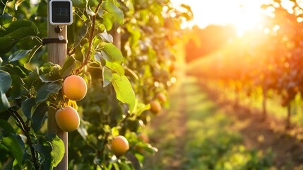 Poster - photograph showcasing iot enabled solar powered sensors deployed in an orchard optimizing water usag