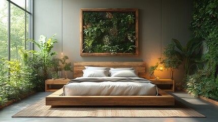 Wall Mural - sustainable luxury bedroom featuring organic cotton bedding, reclaimed wood bed frame, energy-effici