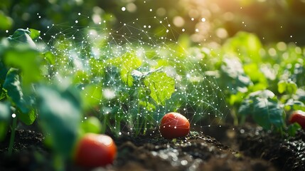 Poster - photograph showcasing a modern vegetable farm with smart irrigation systems controlled by iot device