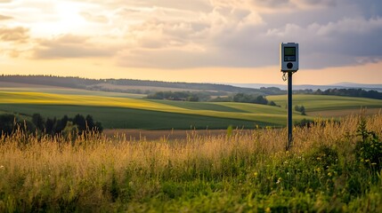 Poster - a weather monitoring station equipped with iot sensors stands amidst a backdrop of rolling fields