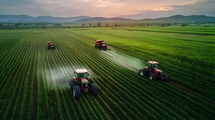 Poster - a photograph showcasing smart farm machinery with iot internet of things operating harmoniously acro