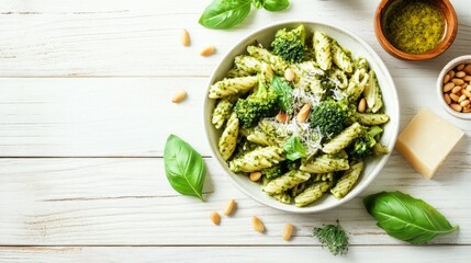 Healthy vegetarian pasta with pesto sauce, broccoli florets, and parmesan cheese sprinkled with pine nuts on a white wooden table. Top view.