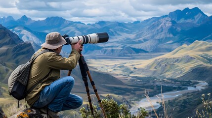 Wall Mural - photographer capturing majestic mountain landscape