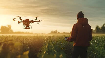 Poster - farmer using drone for precision spraying in a smart farm connected to iot technology optimizing agr