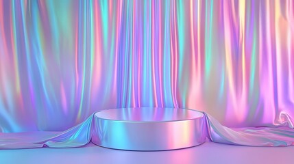 Poster - Iridescent holographic fabric draped behind a 3D podium, offering a dynamic and colorful abstract background.