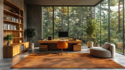 Wall Mural - premium minimalist home office, high-end materials, clean lines, natural light, large windows, neutr