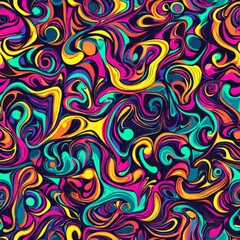 Wall Mural - Seamless pattern of swirling, neon-hued patterns with a psychedelic touch