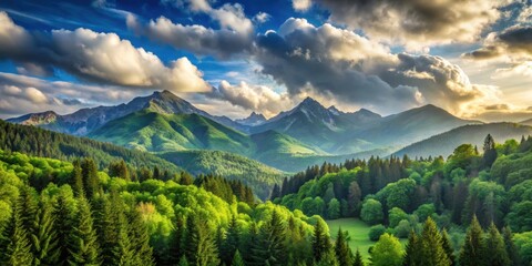 Mountain landscape with lush green trees and fluffy clouds , mountain, trees, clouds, nature, scenic, outdoors