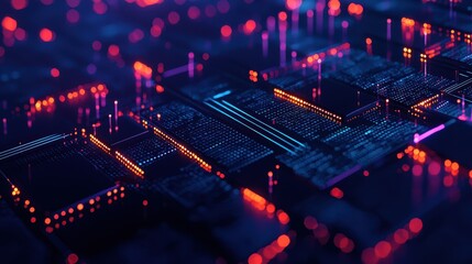 Aufkleber - A futuristic circuit board with glowing neon lights and intricate patterns, representing advanced technology, data processing, and digital communication.
