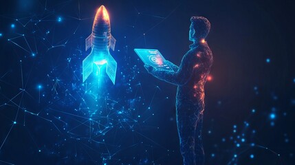 Poster - an abstract businessman is holding a tablet with rocket launching a hologram. digital boosting or st