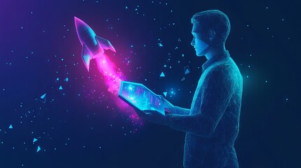 Poster - an abstract businessman is holding a tablet with rocket launching a hologram. digital boosting or st