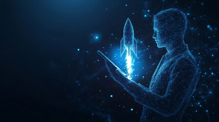 Poster - an abstract businessman is holding a tablet with rocket launching a hologram. digital boosting or st