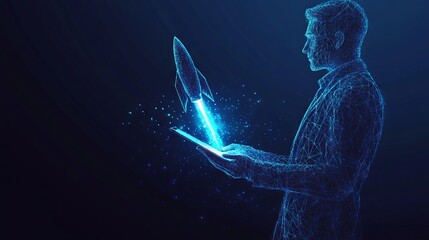 Poster - an abstract businessman is holding a tablet with rocket launching a hologram. digital boosting or st