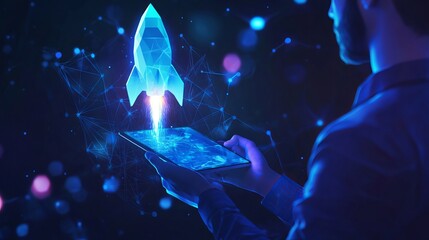 Poster - an abstract businessman is holding a tablet with rocket launching a hologram. digital boosting or st