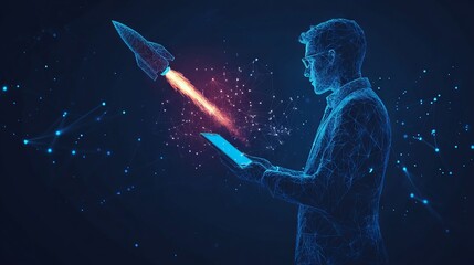 Poster - an abstract businessman is holding a tablet with rocket launching a hologram. digital boosting or st