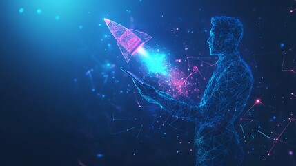 Poster - an abstract businessman is holding a tablet with rocket launching a hologram. digital boosting or st