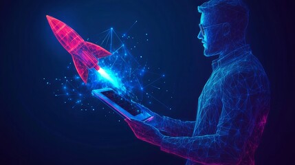 Poster - an abstract businessman is holding a tablet with rocket launching a hologram. digital boosting or st