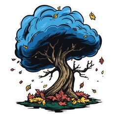 Canvas Print - Autumn Tree with Falling Leaves Illustration