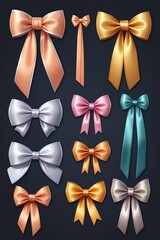 A collection of colorful ribbons and bows isolated on a clean dark background, cartoon style