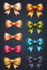 A collection of colorful ribbons and bows isolated on a clean dark background, cartoon style