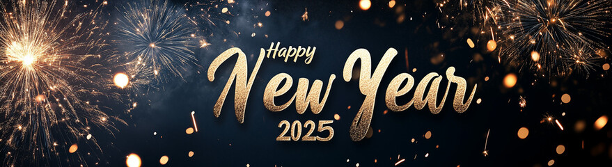 Silvester 2025 Happy New Year, New Year`s Eve Party background banner panorama long greeting card - Golden firework fireworks on dark black night sky texture