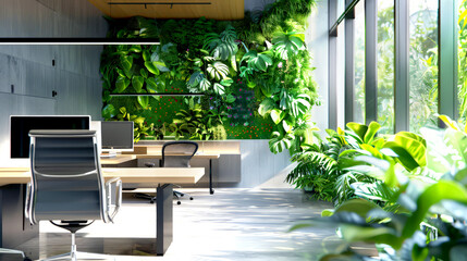 Wall Mural - Office with a lush living green wall, natural light and ergonomic furniture.