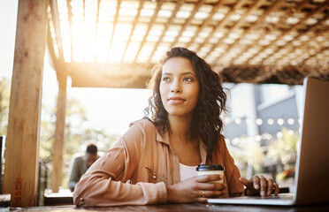 Poster - Woman, restaurant and thinking on laptop with coffee cup for remote work as lifestyle blogger in Brazil. Female person, freelancer and as journalist on research for blog or article writing at cafe