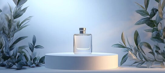 Wall Mural - Perfume Bottle on a White Podium with Foliage