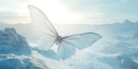 Wall Mural - White butterfly flying over snowy mountain range.