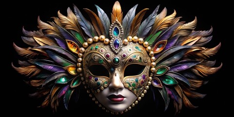 Closed elegant Venetian mask inlaid with multi-colored stones and black feathers, Venetian, mask, elegant