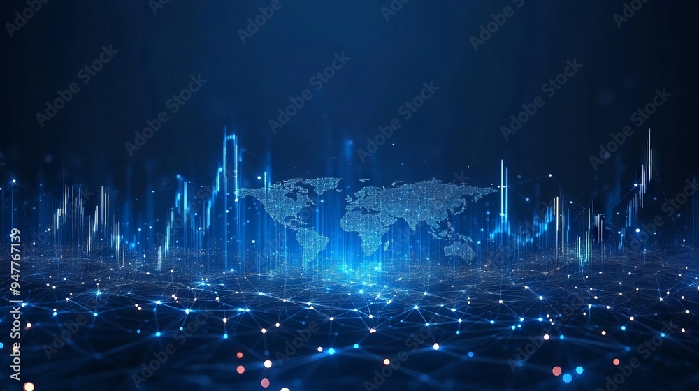Abstract stock market candlesticks and world map on technology blue ...