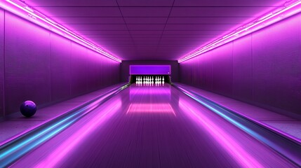 neon signs advertising a bowling tournament. purple empty frame with a strike symbol made of balls and pins. Funny-sport competition. simple card of greetings. Make a copy of space. 