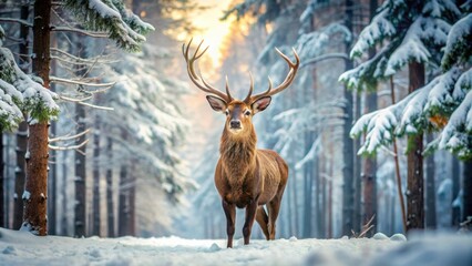 Wall Mural - A majestic deer standing in a snow-covered forest, deer, winter, wildlife, nature, forest, snow, cold, tranquil, peaceful, wilderness