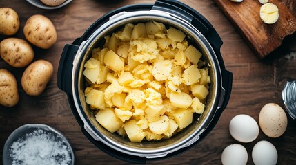 Flat lay. preparing potato salad by pressing potatoes and eggs together.