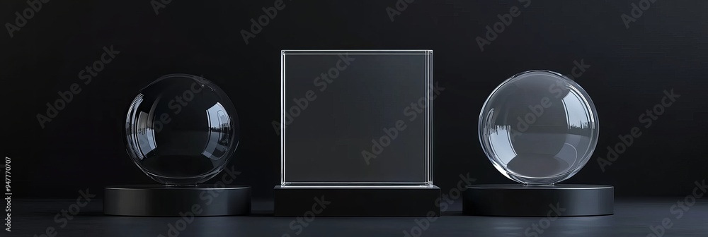 Isolated on a dark background, glass cube box, pyramid, cylinder ...